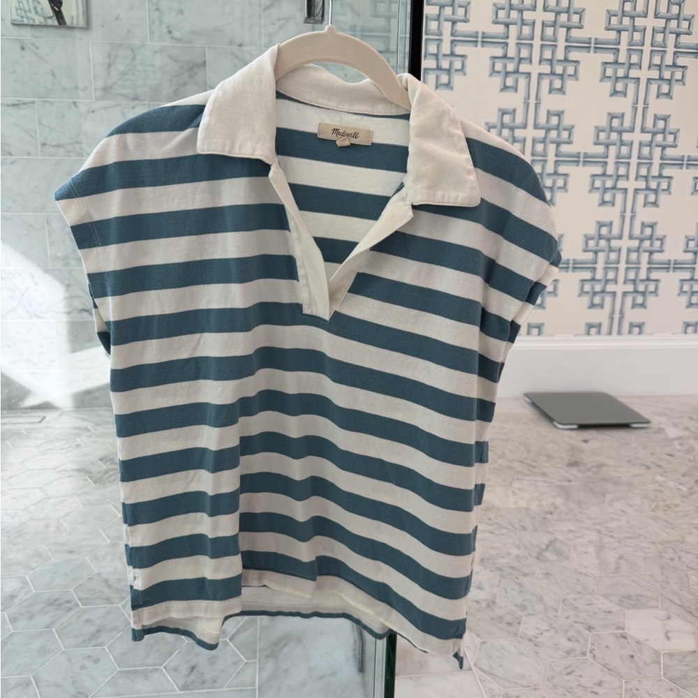 Madewell Blue and White Striped Polo Top